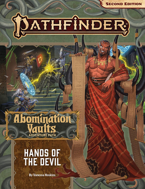 Pathfinder Adventure Path #164: Hands of the Devil (Abomination Vaults 2 of 3) PDF. By Vanessa Hoskins. An illustration of a devil wearing red wrap-around robes and holding up a contract scroll so long it hits the floor. Behind that illustration is a battle scene between adventurers and humanoid creatures with spider legs.