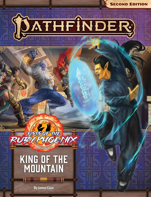 Pathfinder Adventure Path #168: King of the Mountain (Fists of the Ruby Phoenix 3 of 3). By James Case. An illustration of a man with metallic gold skin in an action pose, summoning a sphere of energy with a tower trapped inside, overlayed on top of an action scene of adventurers fighting a yeti-type creature.