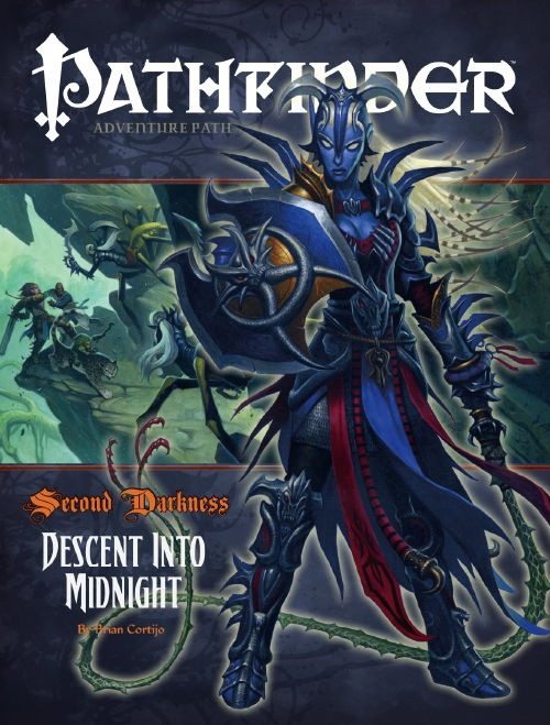 Pathfinder Adventure Path #18: Descent into Midnight (Second Darkness 6 of 6). By Brian Cortijo. A blue-skinned woman with a long, barbed whip is overlayed on top of an illustration of a cliffside battle against spidery humanoid creatures.