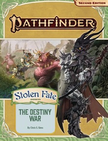 Pathfinder Adventure Path #191: The Destiny War (Stolen Fate 2 of 3), by Chris S. Sims. A horned humanoid monster wielding a bow and wearing a cloak lurks before a background image depicting a group of adventurers facing off against terrible boar demons. 