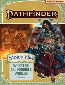 Pathfinder Adventure Path #192: Worst of All Possible Worlds (Stolen Fate 3 of 3), by Luis Loza. An alluring human female fortune teller smiles as numerous harrow cards float and spin around her. Behind her, a background image depicts three enthroned elders seated above a roaring fire.