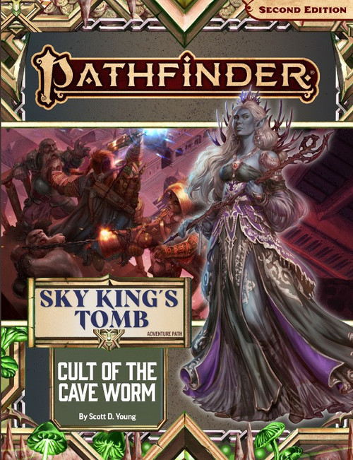 Pathfinder Adventure Path #194: Cult of the Cave Worm (Sky King’s Tomb 2 of 3), by Scott D. Young. A regal cavern elf noblewoman clutches a magic staff while standing before a background image depicting dwarves in battle on a towertop in a subterranean city.
