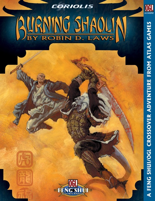Burning Shaolin Feng Shui/OGL PDF by Robin D. Laws, a monk and armored dragon illustration on an orange background with blue accents, published by Atlas Games and Coriolis in a downloadable PDF format.