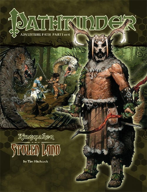 Pathfinder 1E Stolen Land, Kingmaker Adventure Path #31 PDF cover featuring a horned warrior in a forest scene with a sword, dressed in fur-trimmed attire, amidst a monster and natural surroundings.