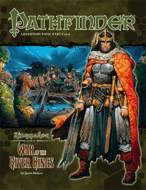 Pathfinder Adventure Path #35: War of the River Kings (Kingmaker 5 of 6) PDF, by Jason Nelson. This cover depicts a king wearing plate mail in front of a scene of an army charging at enemies.