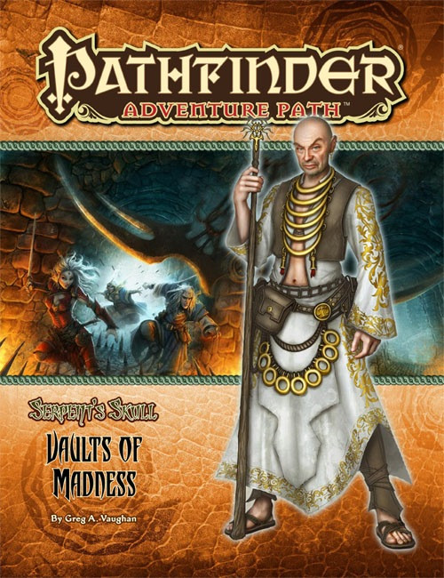 Pathfinder Adventure Path #40: Vaults of Madness (Serpent’s Skull 4 of 6) PDF, by Greg A. Vaughan. This cover features a man with a staff in front of a scene of heroes racing through a tunnel.