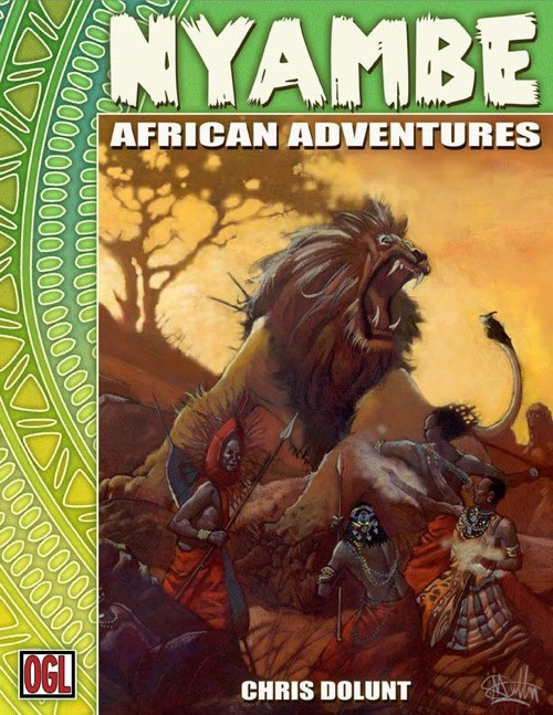 Nyambe: African Adventures d20 PDF cover featuring a lion attacking warriors in African clothing, set against a savannah background with traditional African patterns on a green and yellow border.