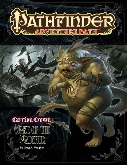 Pathfinder Adventure Path #46: Wake of the Watcher (Carrion Crown 4 of 6) PDF, by Greg A. Vaughan. This cover depicts a fish-like humanoid in front of a scene of a hero fighting fish people.