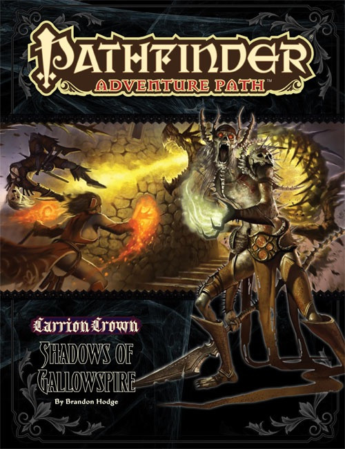 Pathfinder Adventure Path #48: Shadows of Gallowspire (Carrion Crown 6 of 6), by Brandon Hodge. This cover depicts an undead figure in front of a scene of heroes fighting a bone dragon.