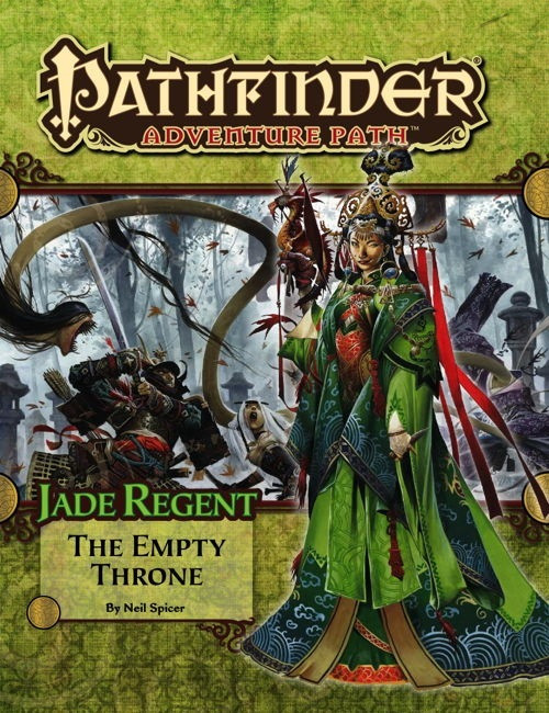 Pathfinder Adventure Path #54: The Empty Throne (Jade Regent 6 of 6), by Neil Spicer. This cover depicts a woman in ceremonial robes in front of a scene of heroes fighting a long-necked monster.
