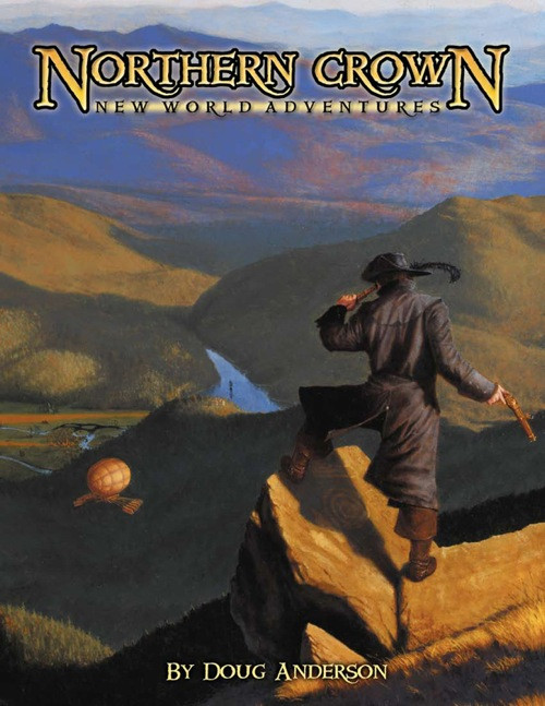 Northern Crown: New World Adventures OGL PDF fantasy guidebook art, an 18th-century man on a cliff with a gun, spyglass, globe, and scenic valley background in a high-quality digital illustration.