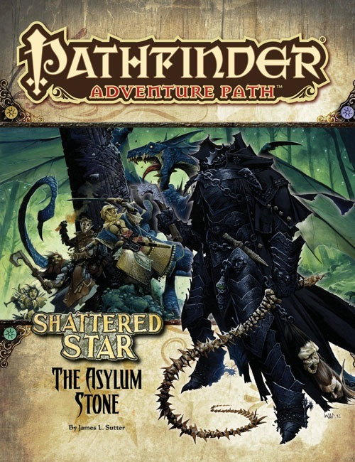 Pathfinder Adventure Path #63: The Asylum Stone (Shattered Star 3 of 6) PDF, by James L. Sutter. This cover depicts a headless armored figure in front of a scene of heroes fighting a dragon.