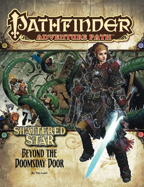 Pathfinder Adventure Path #64: Beyond the Doomsday Door (Shattered Star 4 of 6), by Tito Leati. This cover depicts an elf woman with a sword in front of a scene of heroes fighting a monster.