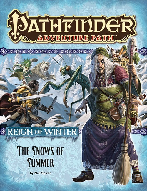 Pathfinder Adventure Path #67: The Snows of Summer (Reign of Winter 1 of 6), by Neil Spicer. This cover depicts an elderly woman with a broom in front of a scene of heroes fighting a giant mantis.