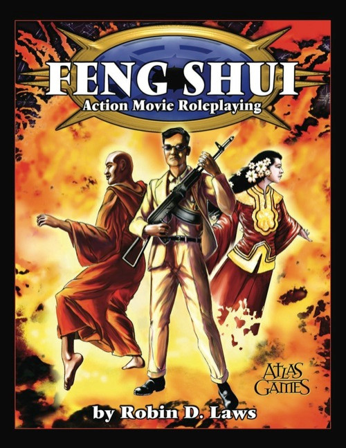 Feng Shui: Action Movie Roleplaying PDF cover featuring a dynamic trio: a man with a gun, a woman, and a monk, set against an orange background with flames and smoke, published by Atlas Games in PDF format.