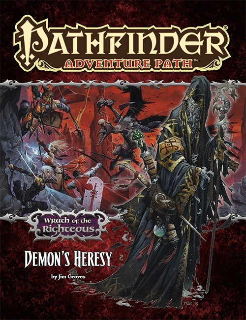 Pathfinder Adventure Path #75: Demon's Heresy (Wrath of the Righteous 3 of 6) PDF, by Jim Groves. This cover depicts a cloaked figure in front of a scene of heroes fighting demons.