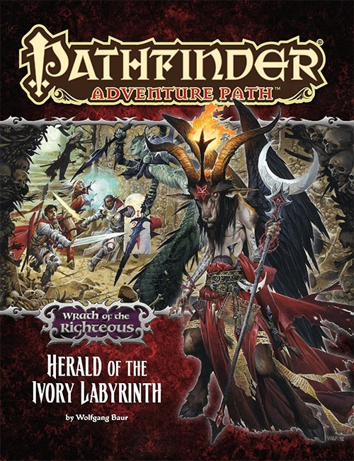 Pathfinder Adventure Path #77: Herald of the Ivory Labyrinth (Wrath of the Righteous 5 of 6) PDF, by Wolfgang Baur. This cover depicts a goat-headed demon in front of a scene of heroes fighting demons.
