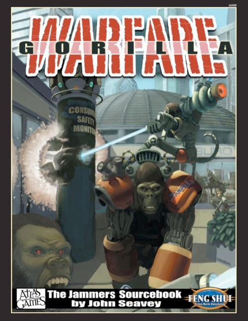Feng Shui: Gorilla Warfare PDF cover art features a cybernetic gorilla in orange and gray armor, wielding a laser gun and robotic arms, produced by John Seavey and Atlas Games.