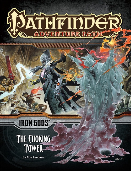 Pathfinder Adventure Path #87: The Choking Tower (Iron Gods 3 of 6) PDF, by Ron Lundeen. This cover depicts a ghostly spellcaster casting a fiery spell in front of a scene of heroes fighting a mechanical construct.