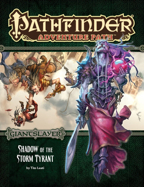 Pathfinder Adventure Path #96: Shadow of the Storm Tyrant (Giantslayer 6 of 6) PDF, by Tito Leati. This product image depicts a mysterious figure holding an orb in front of a scene of giants pursuing heroes.