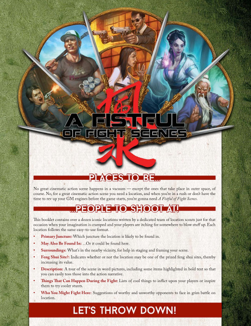 Feng Shui 2 GM Screen: A Fistful of Fight Scenes PDF, a comprehensive PDF featuring vibrant characters and martial arts elements on a green background, with Feng Shui game mechanics in bold red and black text.