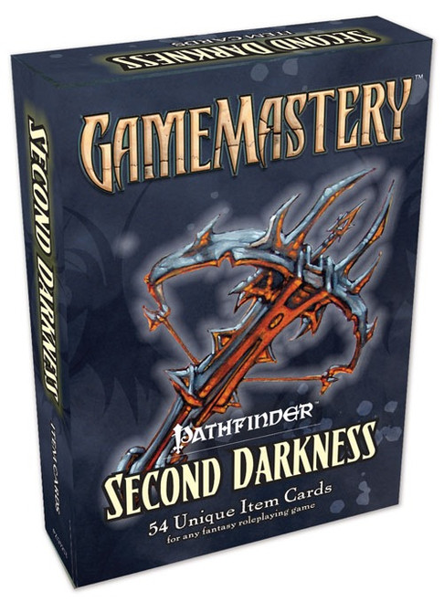 GameMastery Item Cards: Second Darkness Deck; Pathfinder; 54 Unique Item Cards for any fantasy roleplaying game; image depicts the cover box for the cards with an illustration of a hand crossbow