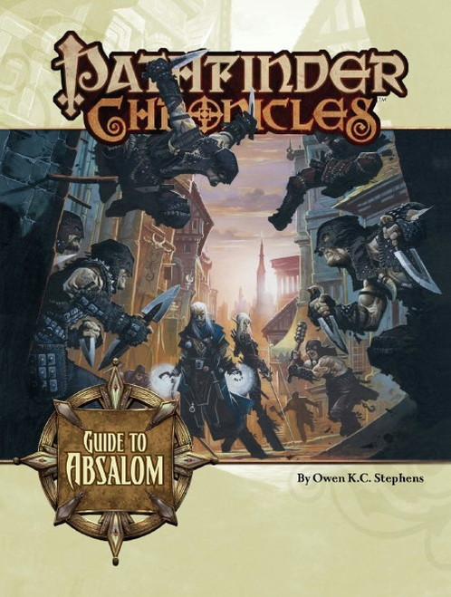 Pathfinder Chronicles: Guide to Absalom (OGL); by Owen K.C. Stephen; cover depicts Ezren the wizard and Merisiel the rogue being ambushed by masked assailants in a street in Absalom