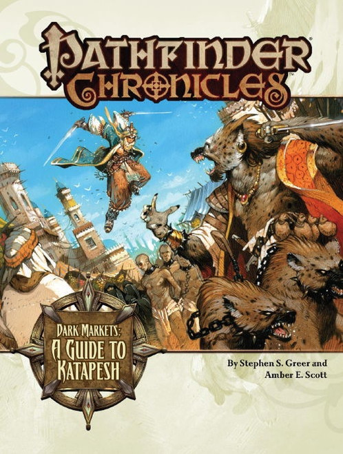 <Pathfinder Chronicles: Dark Markets Guide to Katapesh PDF cover, a vibrant full-color artwork featuring a humanoid figure in a fantasy desert cityscape surrounded by creatures and text by Stephen S. Greer and Amber E. Scott, with Pathfinder series branding, in a 8 x 11 inch format.>