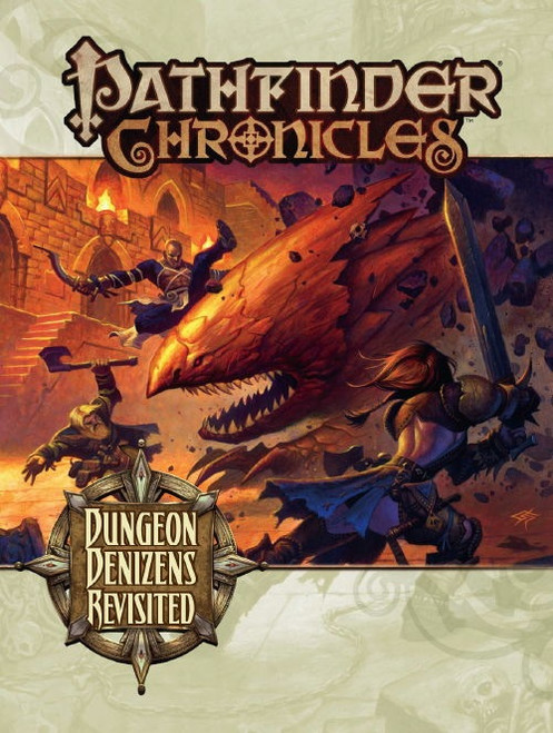 Pathfinder Chronicles: Dungeon Denizens Revisited (OGL); cover depicts Sajan the monk, Harsk the ranger, and Amiri the barbarian battling a giant, tunneling monster