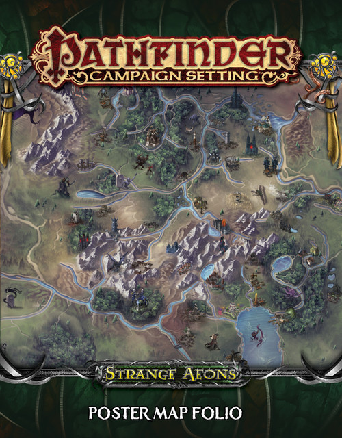 Pathfinder Campaign Setting: Strange Aeons Poster Map Folio PDF, featuring three lavishly illustrated poster maps displaying locations in the Strange Aeons Adventure Path, including Thrushmoor and an ancient alien city, at large scale.