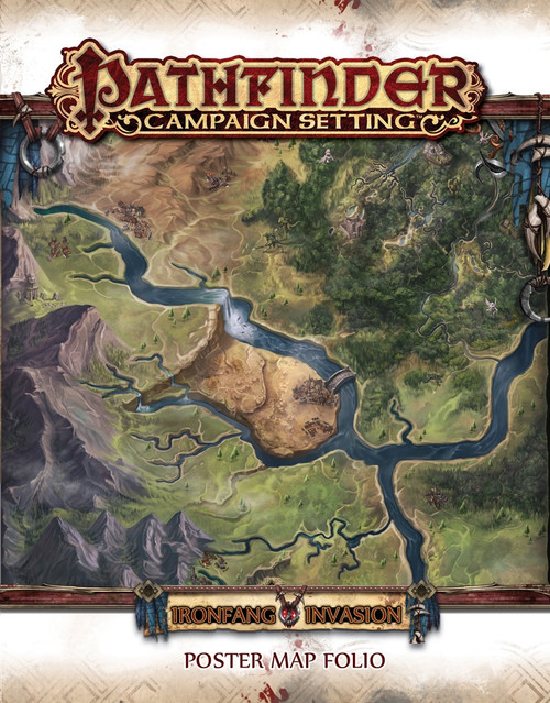 Pathfinder Campaign Setting: Ironfang Invasion Poster Map Folio cover depicts a map of mountains and woods of southern Nirmathas and the Fangwood Forest