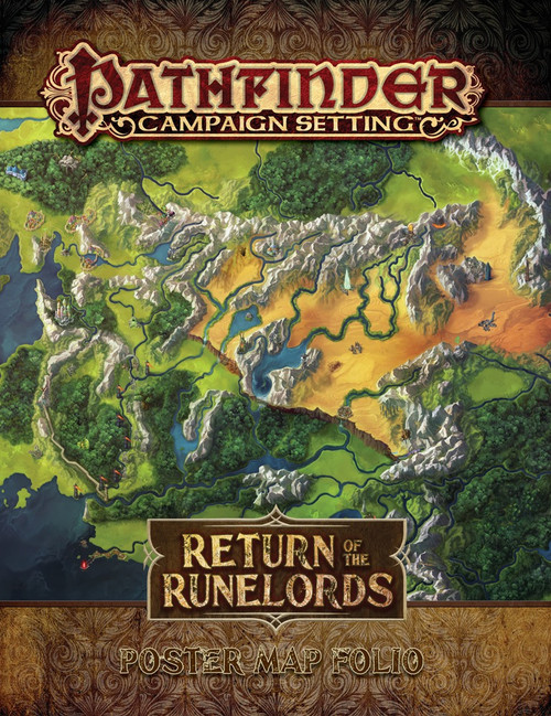 Pathfinder Campaign Setting: Return of the Runelords Poster Map Folio PDF, featuring 2 large maps of Roderic's Cove and Thassilon, with color illustrations, part of the Adventure Path series, published by Paizo in PDF format.