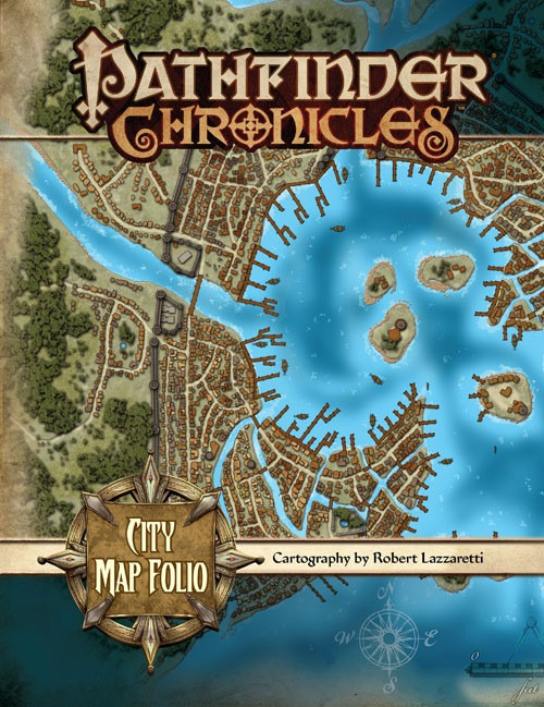 Pathfinder Chronicles City Map Folio PDF featuring six sister cities in various layouts, with a large blue and brown map displaying detailed street layouts and architecture, cartography by Robert Lazzaretti, fantasy city map.