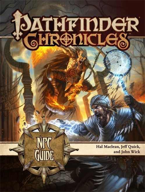 Pathfinder Chronicles NPC Guide PDF cover features a fantasy scene with a medieval-style background, golden text, and shield logo, showcasing the product book with 91 statted nonplayer characters and a detailed cover design.