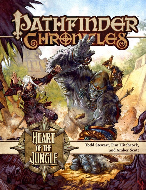 Pathfinder Chronicles: Heart of the Jungle PDF cover featuring a fantasy werewolf creature in a jungle setting, with the Pathfinder Chronicles title and Mwangi Expanse theme prominently displayed in a digital format.