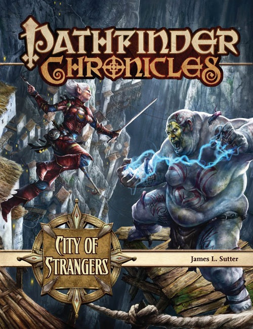 Pathfinder Chronicles: City of Strangers PDF cover features a fantasy scene with a humanoid and muscular blue energy-emitting creature, set against a grey backdrop, highlighting ancient ruined fortress architecture with a distinct fantasy logo.