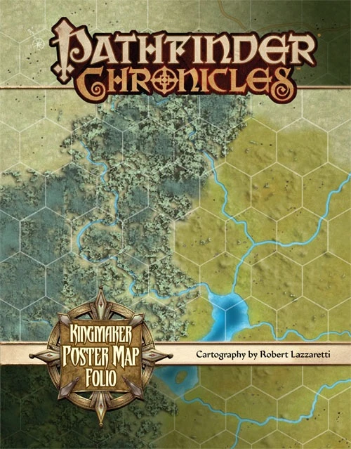 Pathfinder Chronicles: Kingmaker Poster Map Folio PDF, a collection of six 4-panel poster maps featuring hexagonal grid, blue waterways, and regions including Varnhold, Pitax, and the Stolen Lands, designed by Robert Lazzaretti for an epic campaign.