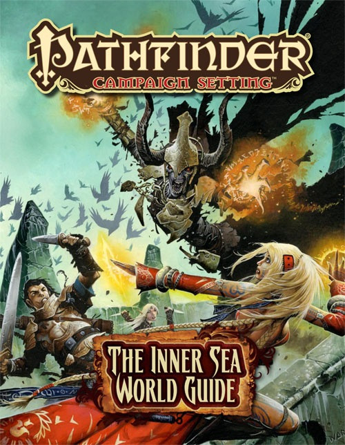 Pathfinder Campaign Setting: The Inner Sea World Guide, 320-page hardcover book cover featuring fantasy characters, monsters, and a castle, with gold and brown text, published by Pathfinder 1E.