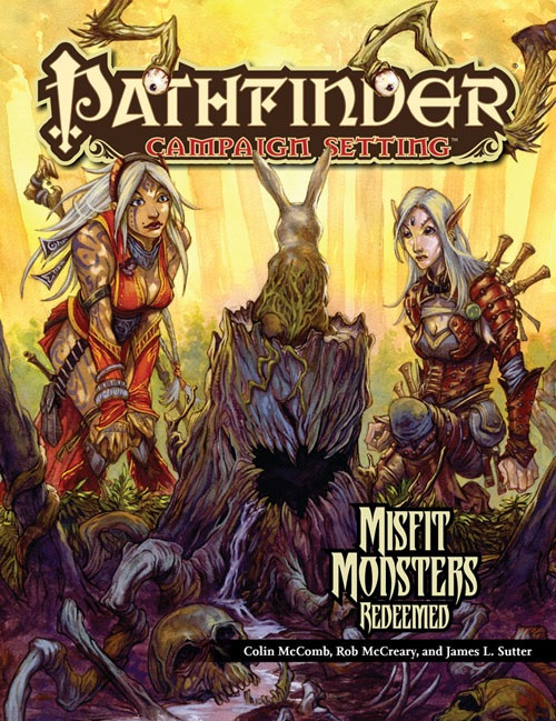 Pathfinder Campaign Setting: Misfit Monsters Redeemed book cover features two warriors with swords, a twisted tree stump monster, and fantasy creatures on a gold background, published by Pathfinder 1E fantasy RPG books and accessories.