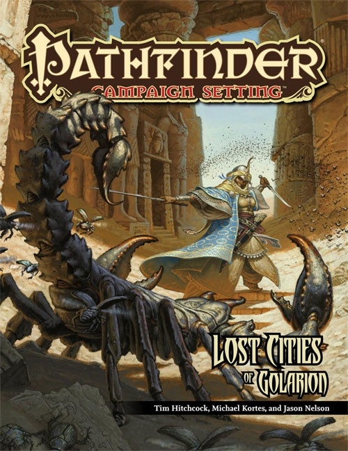 Pathfinder Campaign Setting: Lost Cities of Golarion book cover features a warrior battling giant scorpions in ancient ruins with a blue cape and sword, set against a desert landscape with a 64-page full-color cover.