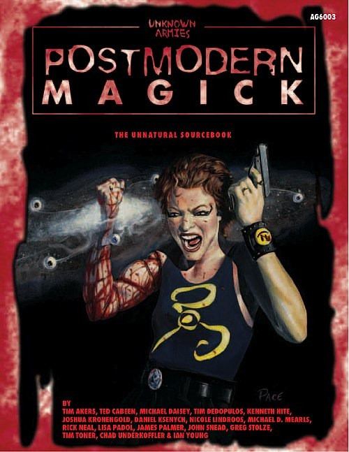 Unknown Armies Postmodern Magick PDF cover: a woman with a gun, bloodied arm, and yellow accents, set against a dark background with a red border, featuring a sourcebook by various authors.