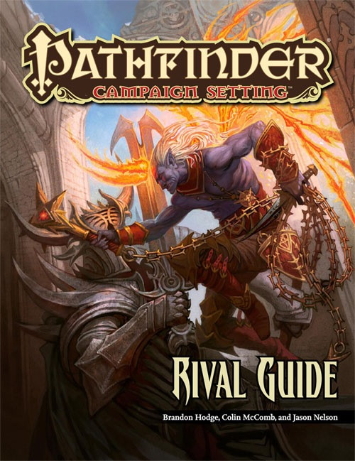Pathfinder Campaign Setting: Rival Guide book cover features a muscular blue character battling a mechanical creature, with gold and brown accents, published by Pathfinder 1E, includes 64 page book with NPC stat blocks.