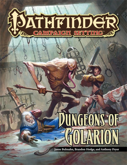 Pathfinder Campaign Setting: Dungeons of Golarion PDF cover featuring a medieval-inspired fantasy scene with warriors battling a monster in a dungeon, highlighting the Pathfinder RPG game setting and medieval typography in a 1-page PDF format.