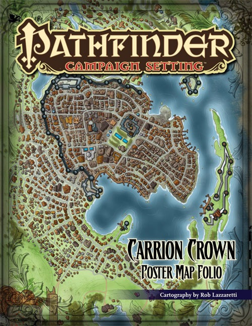 Pathfinder Campaign Setting Carrion Crown Poster Map Folio featuring an 8-panel map of Ustalav, 4 gothic city maps, and earthy illustrations, ideal for the dark fantasy setting of the Carrion Crown campaign.