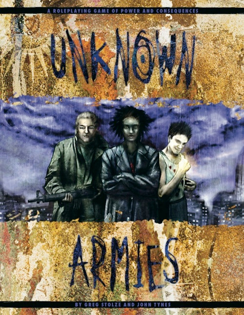 Unknown Armies 2nd Edition PDF cover featuring a dark cityscape with three figures, a grunge-style design with gold and black accents in a compact format, a supernatural RPG by Greg Stolze and John Tynes digital edition.
