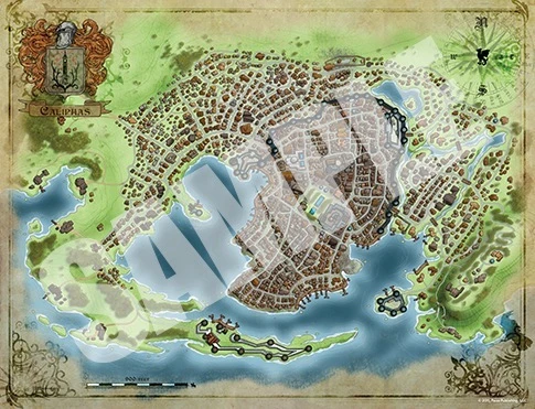 Pathfinder Campaign Setting: Carrion Crown Poster Map Folio PDF, an 8-panel Ustalav map with 4 gothic city maps, featuring detailed illustrations of Ardis, Caliphas, Karcau, and Lepidstadt in a vintage-style design, for the Trail of Terror campaign.