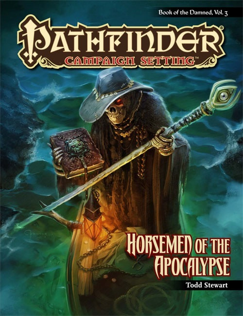 Pathfinder Campaign Setting Book of the Damned Vol. 3 featuring Horsemen of the Apocalypse - a dark, mysterious volume with dark background and mystical green, blue lighting effects. Includes detailed descriptions of War, Famine, Pestilence, and Death PDF.