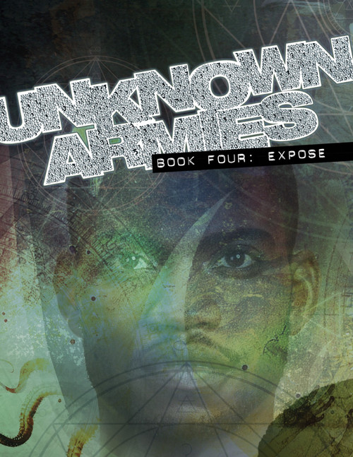 Unknown Armies Book Four: Expose PDF cover, featuring a man's face on a green and black background, with overlaid white text and geometric designs, occult-themed, by Jacobson.