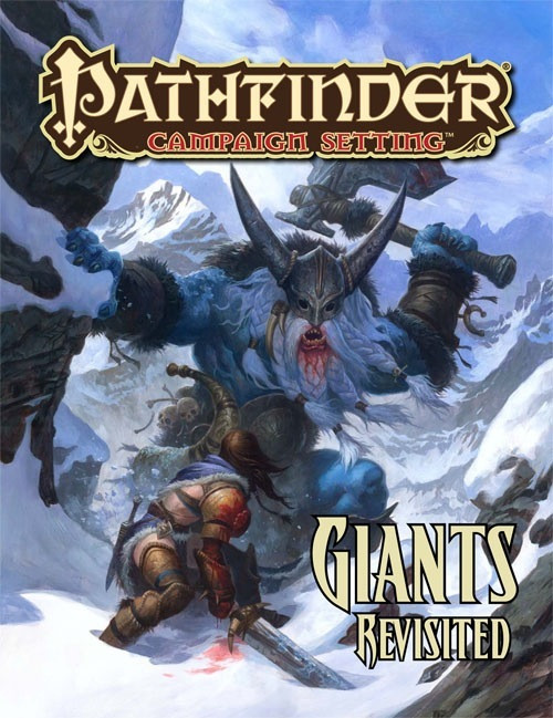 Pathfinder Campaign Setting Giants Revisited book cover featuring a blue giant with horns, a humanoid warrior in armor, set against a snowy mountain backdrop, showcasing fantasy creatures and adventure in Pathfinder 1E fantasy book.