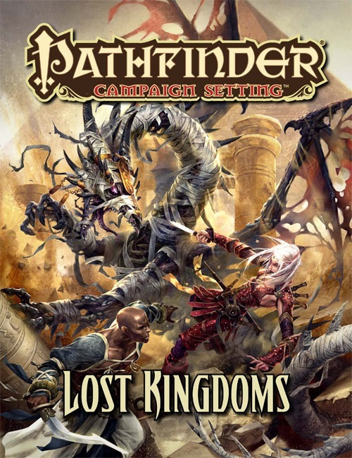 Pathfinder Campaign Setting: Lost Kingdoms book cover featuring a fantasy battle scene with warriors and monsters in a ruined city background with gold and brown title, showcasing ancient ruins and fantasy creatures.